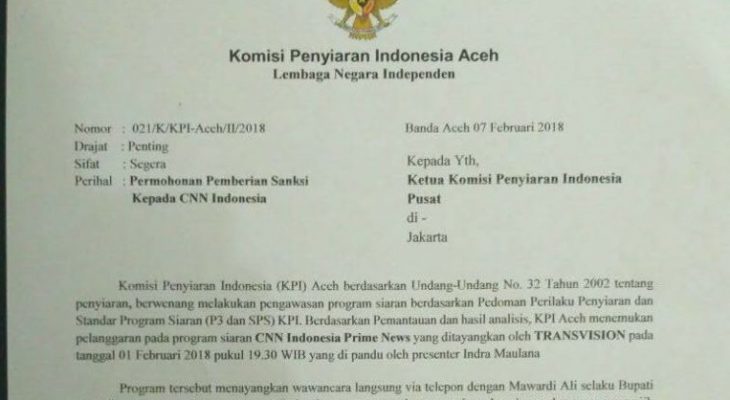KPI Aceh Mendesak CNN Indoensia Diberikan Sanksi