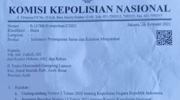 Zulkifli,SH Meminta Kepada Kapolda Aceh Untuk Ditindak Lanjuti Isi Surat Kompolnas
